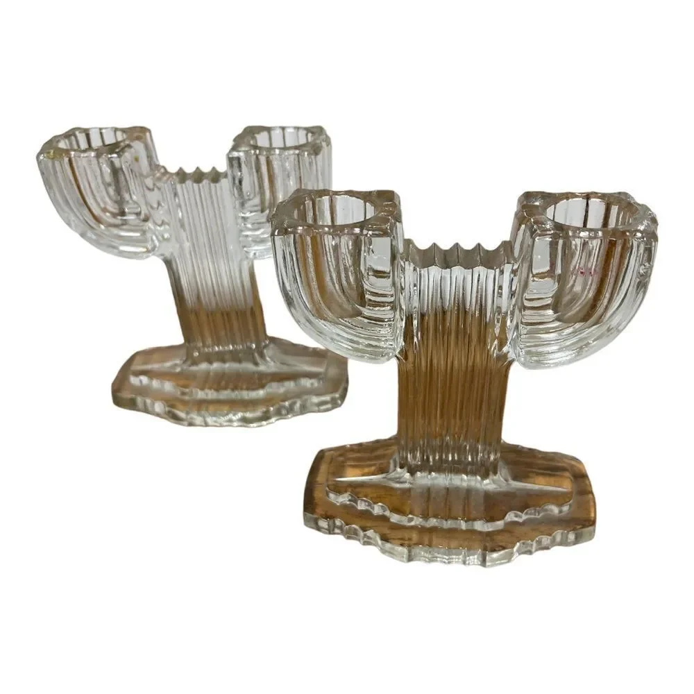 Vintage Anchor Hocking Queen Mary Clear Cactus Art Deco Candleholder SET of 2